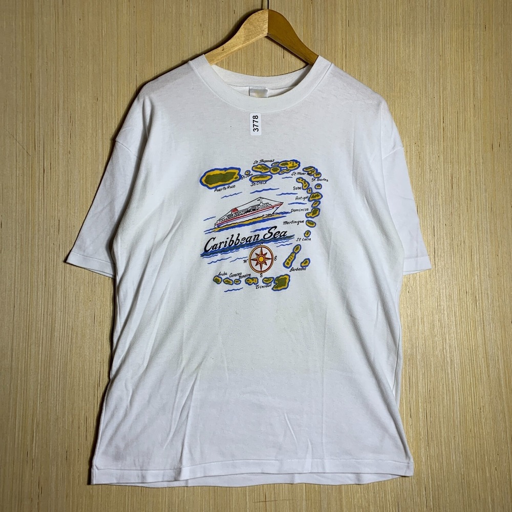 Vintage Caribbean Sea Shirt Large White Short Sleeve Men's Graphic Print 90s